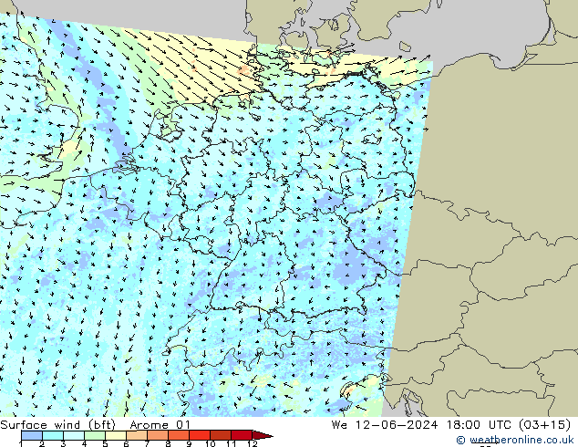  10 m (bft) Arome 01  12.06.2024 18 UTC