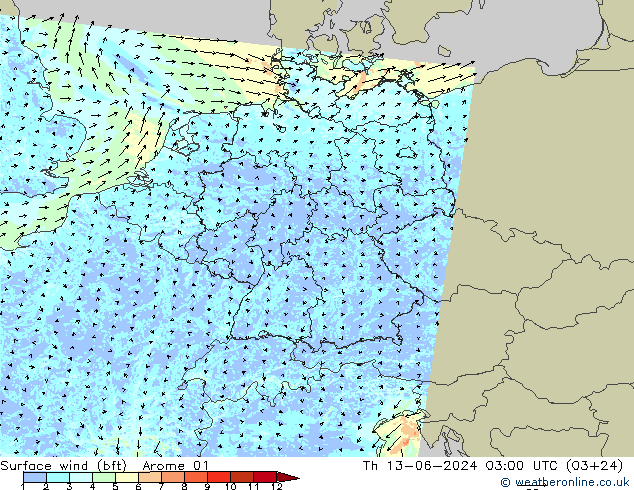 Rüzgar 10 m (bft) Arome 01 Per 13.06.2024 03 UTC