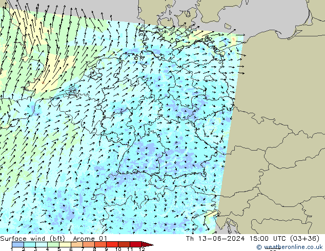 Surface wind (bft) Arome 01 Th 13.06.2024 15 UTC