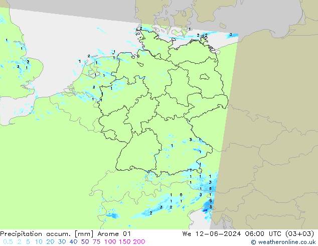 Precipitation accum. Arome 01 We 12.06.2024 06 UTC