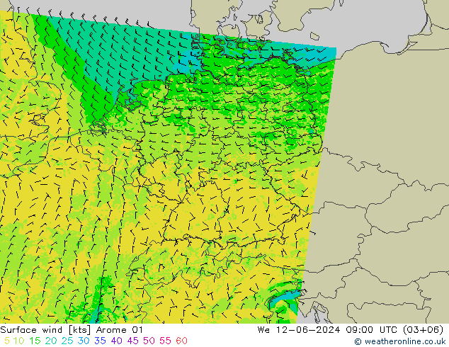 Viento 10 m Arome 01 mié 12.06.2024 09 UTC