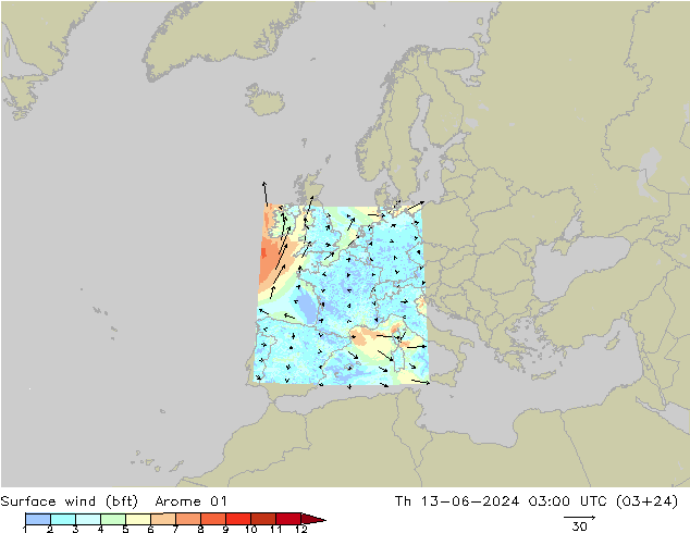 Viento 10 m (bft) Arome 01 jue 13.06.2024 03 UTC