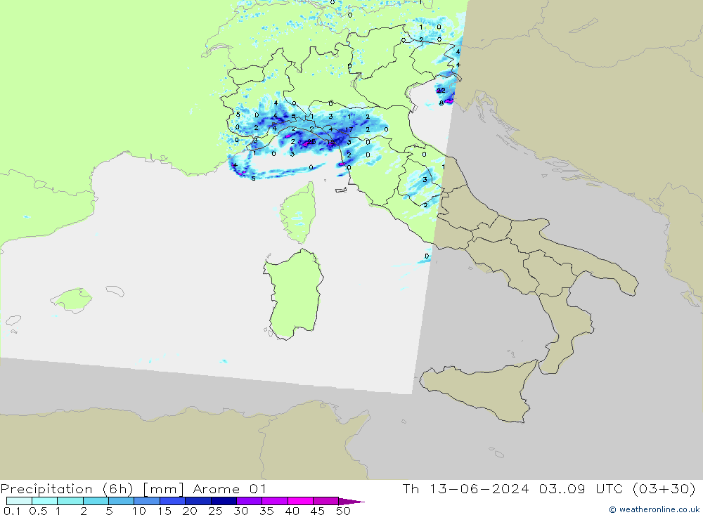 Precipitazione (6h) Arome 01 gio 13.06.2024 09 UTC