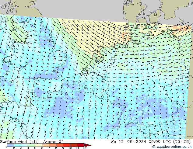 Surface wind (bft) Arome 01 We 12.06.2024 09 UTC