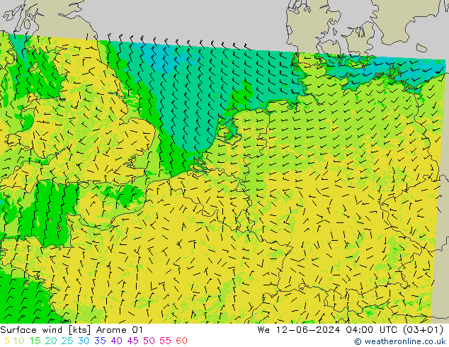 Surface wind Arome 01 We 12.06.2024 04 UTC