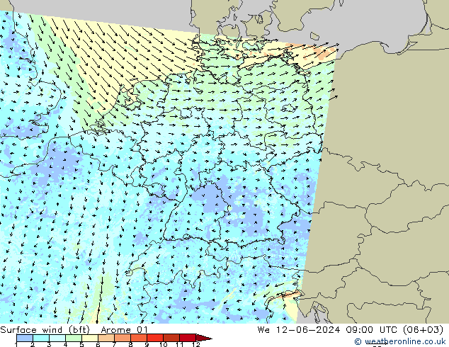 Viento 10 m (bft) Arome 01 mié 12.06.2024 09 UTC