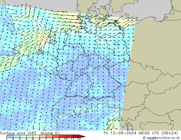 Bodenwind (bft) Arome 01 Do 13.06.2024 06 UTC