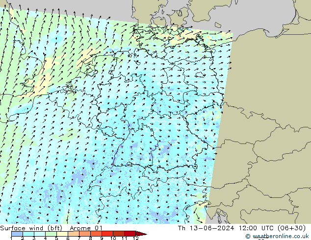 Vent 10 m (bft) Arome 01 jeu 13.06.2024 12 UTC