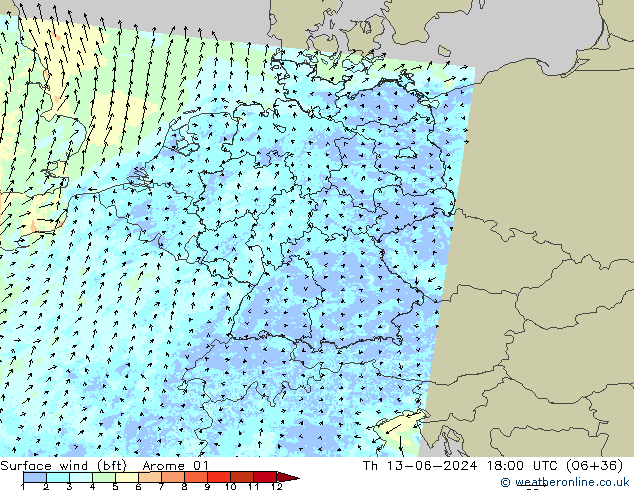 Bodenwind (bft) Arome 01 Do 13.06.2024 18 UTC