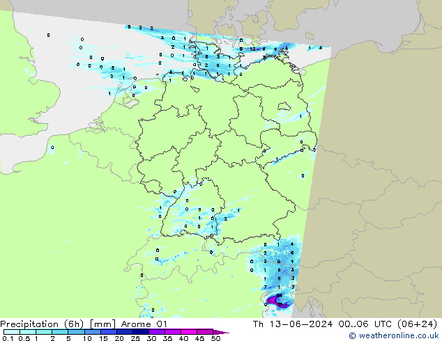 Precipitazione (6h) Arome 01 gio 13.06.2024 06 UTC