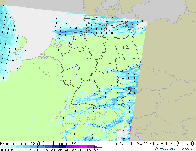 Precipitation (12h) Arome 01 Čt 13.06.2024 18 UTC