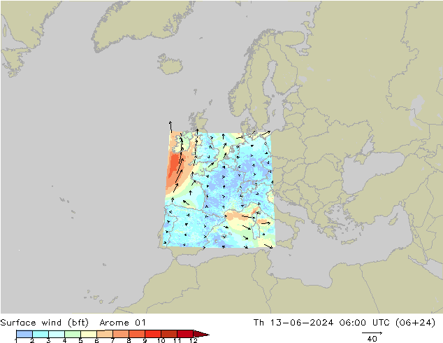 Surface wind (bft) Arome 01 Th 13.06.2024 06 UTC