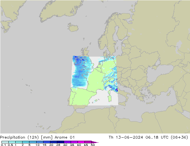 Precipitação (12h) Arome 01 Qui 13.06.2024 18 UTC