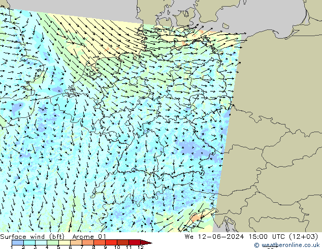 Vento 10 m (bft) Arome 01 mer 12.06.2024 15 UTC