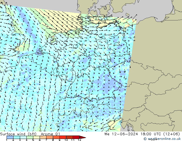 Surface wind (bft) Arome 01 We 12.06.2024 18 UTC