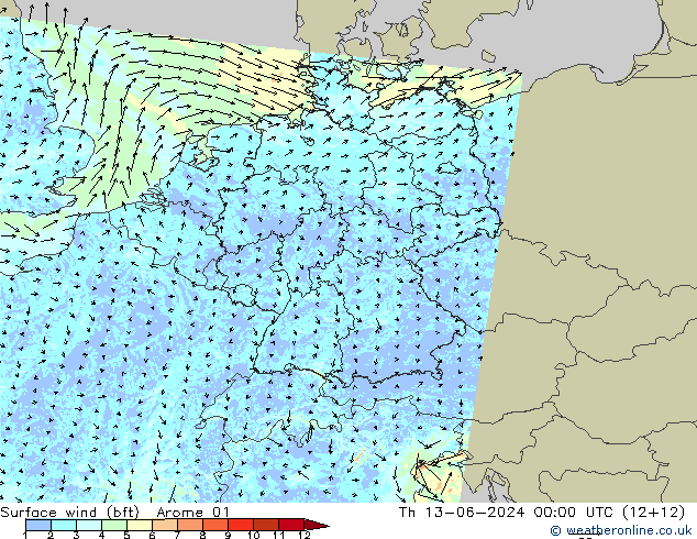 Bodenwind (bft) Arome 01 Do 13.06.2024 00 UTC