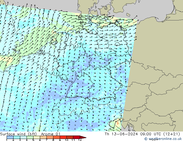 Wind 10 m (bft) Arome 01 do 13.06.2024 09 UTC