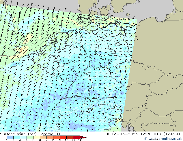Surface wind (bft) Arome 01 Th 13.06.2024 12 UTC