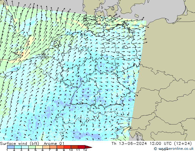 Vent 10 m (bft) Arome 01 jeu 13.06.2024 12 UTC