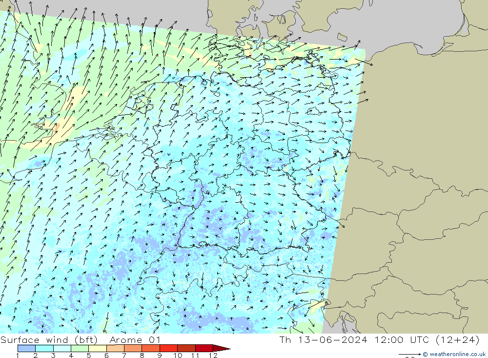 Wind 10 m (bft) Arome 01 do 13.06.2024 12 UTC