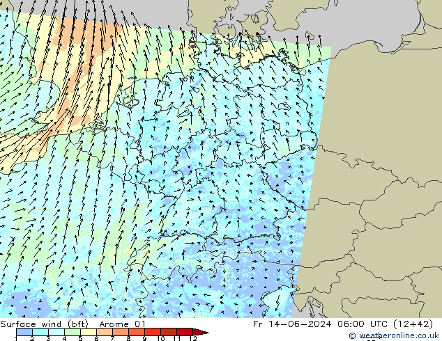 Surface wind (bft) Arome 01 Fr 14.06.2024 06 UTC