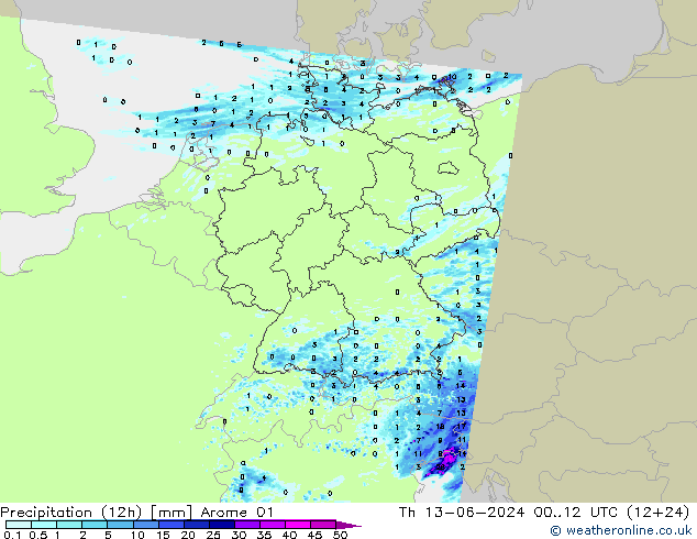 Totale neerslag (12h) Arome 01 do 13.06.2024 12 UTC