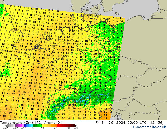 Temperatura (2m) Arome 01 ven 14.06.2024 00 UTC