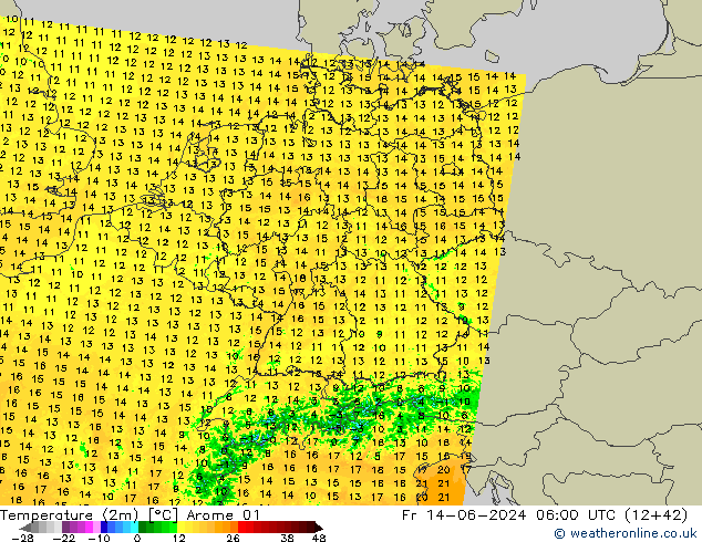 mapa temperatury (2m) Arome 01 pt. 14.06.2024 06 UTC