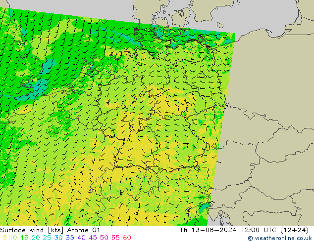 wiatr 10 m Arome 01 czw. 13.06.2024 12 UTC