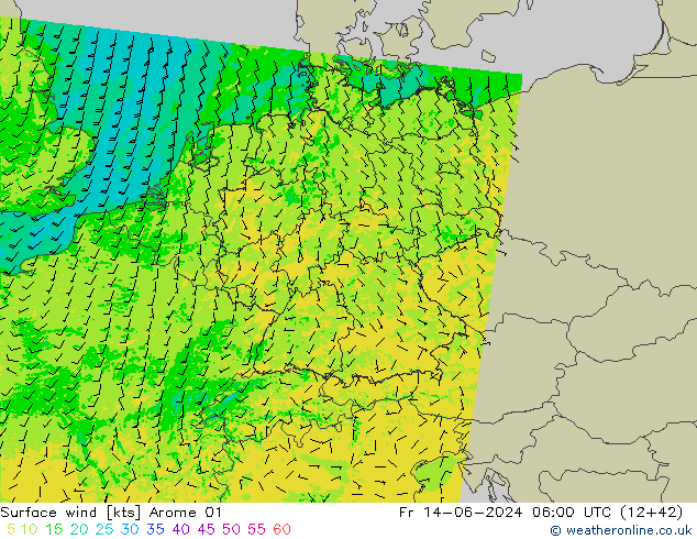 Surface wind Arome 01 Fr 14.06.2024 06 UTC