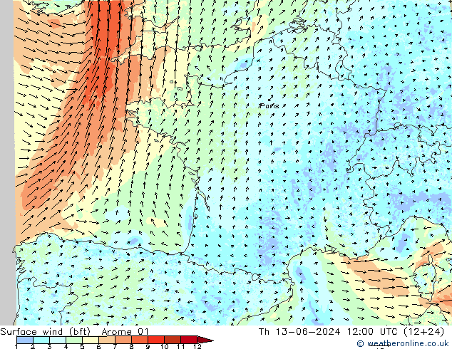 Bodenwind (bft) Arome 01 Do 13.06.2024 12 UTC