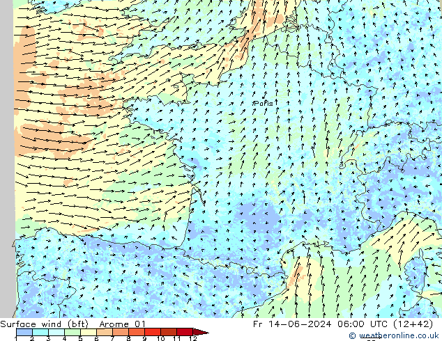 Surface wind (bft) Arome 01 Fr 14.06.2024 06 UTC