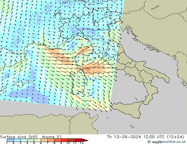 Surface wind (bft) Arome 01 Th 13.06.2024 12 UTC