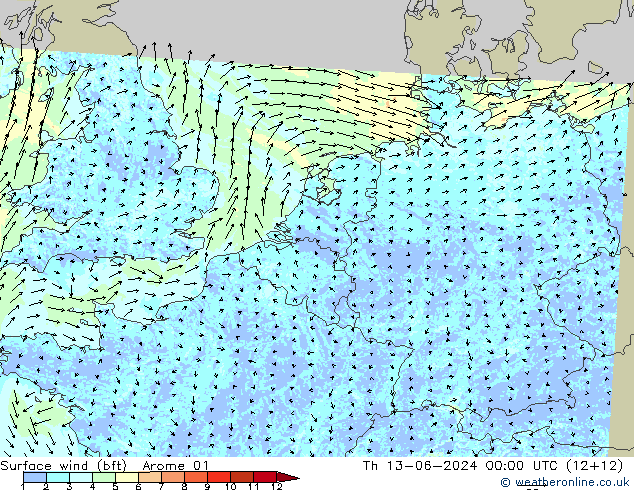 Surface wind (bft) Arome 01 Th 13.06.2024 00 UTC