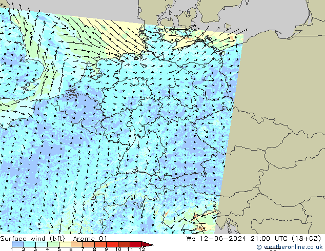 Wind 10 m (bft) Arome 01 wo 12.06.2024 21 UTC