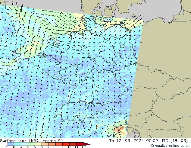 Surface wind (bft) Arome 01 Th 13.06.2024 00 UTC