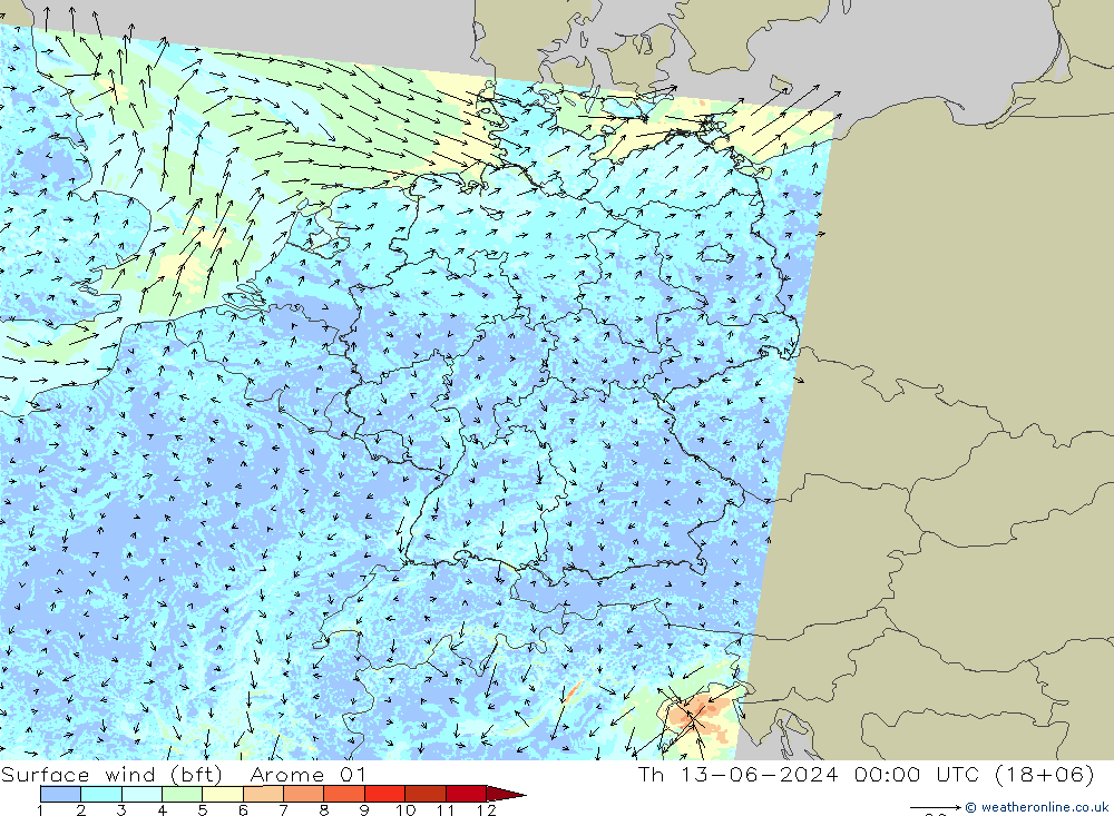 Vent 10 m (bft) Arome 01 jeu 13.06.2024 00 UTC