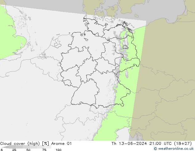 Cloud cover (high) Arome 01 Th 13.06.2024 21 UTC