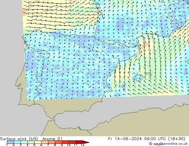 Wind 10 m (bft) Arome 01 vr 14.06.2024 06 UTC