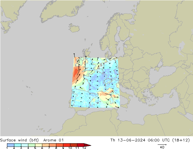 Vento 10 m (bft) Arome 01 Qui 13.06.2024 06 UTC