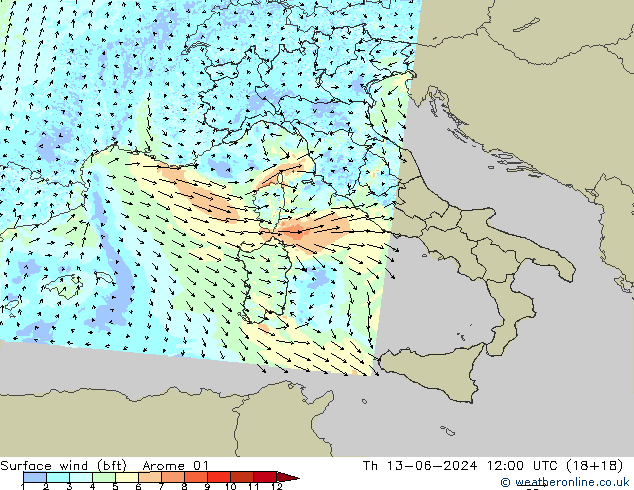 Vento 10 m (bft) Arome 01 Qui 13.06.2024 12 UTC