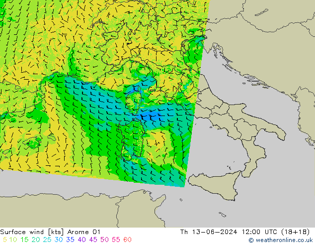 Surface wind Arome 01 Th 13.06.2024 12 UTC