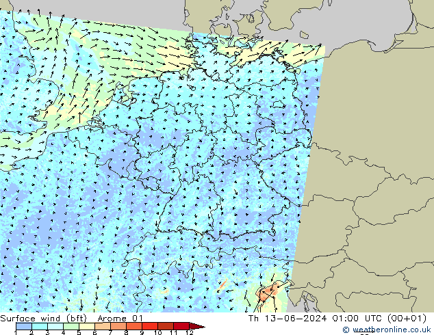Rüzgar 10 m (bft) Arome 01 Per 13.06.2024 01 UTC