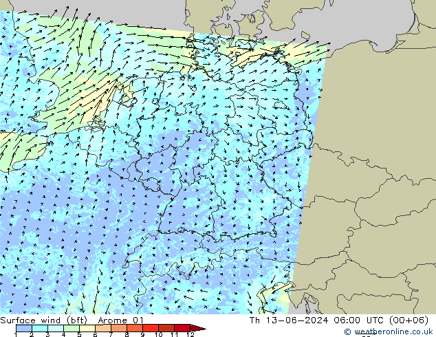 Bodenwind (bft) Arome 01 Do 13.06.2024 06 UTC