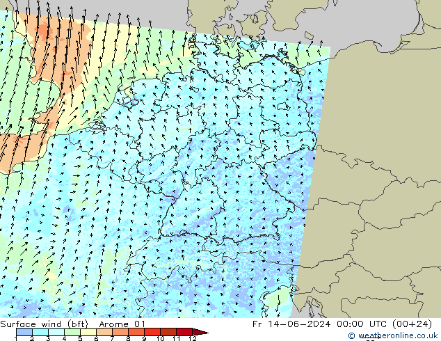 Rüzgar 10 m (bft) Arome 01 Cu 14.06.2024 00 UTC