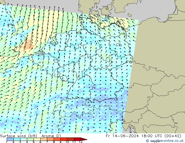 Wind 10 m (bft) Arome 01 vr 14.06.2024 18 UTC