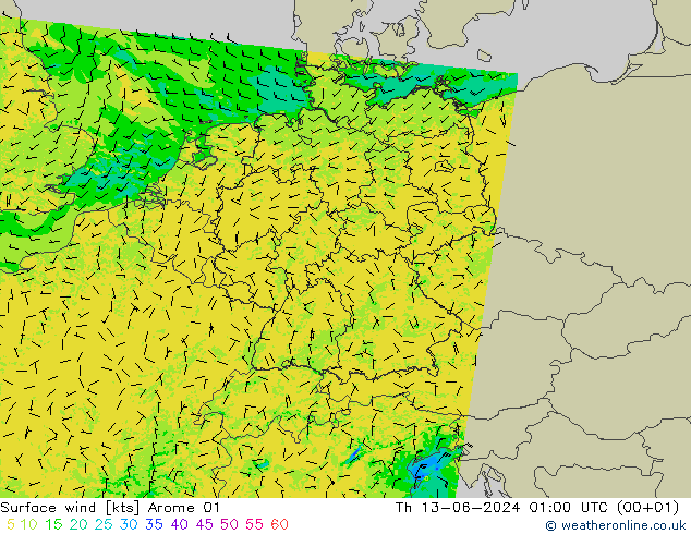 Vento 10 m Arome 01 gio 13.06.2024 01 UTC