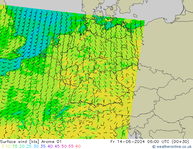 Wind 10 m Arome 01 vr 14.06.2024 06 UTC