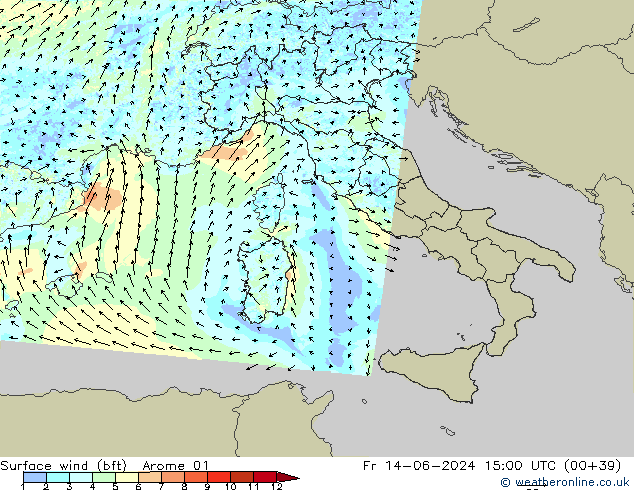 wiatr 10 m (bft) Arome 01 pt. 14.06.2024 15 UTC