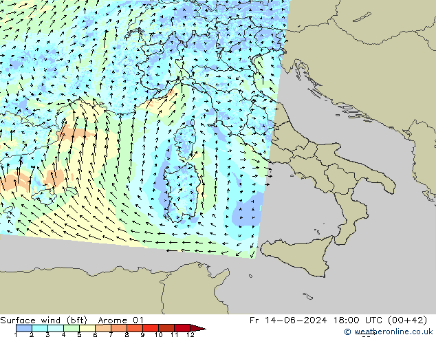 Surface wind (bft) Arome 01 Pá 14.06.2024 18 UTC